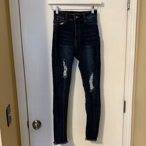 Fashion Nova High Rise Dark Blue Distressed Jeans